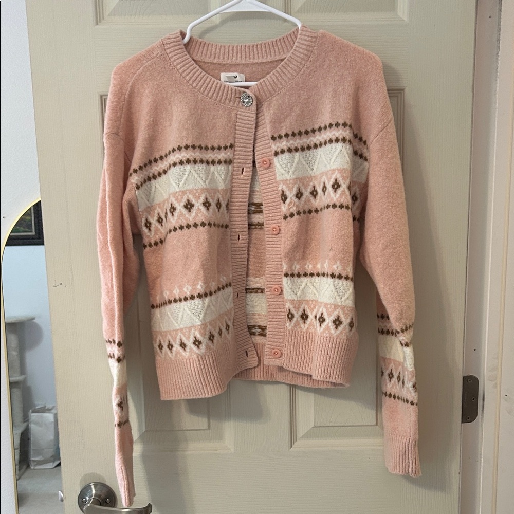 Aerie Pink and White Patterned Cardigan